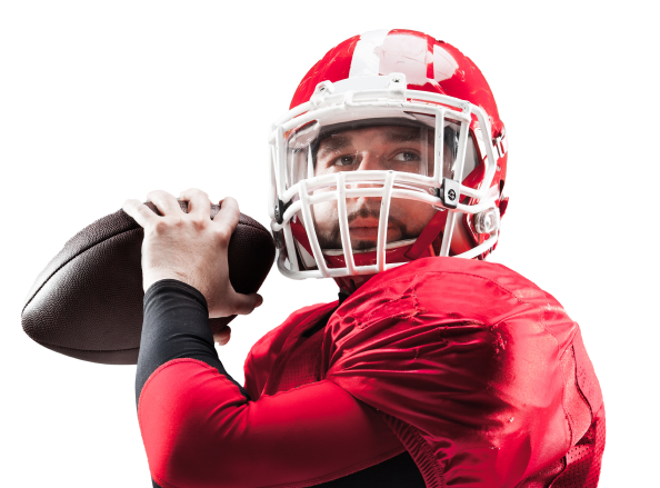 Football player in red uniform holding a football